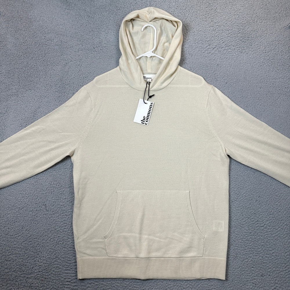 The Commons Merino Wool Hoodie Mens Large Knit Sweater Cream NEW